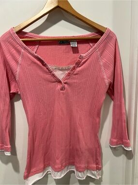 212 New York Pink Ribbed Henley Top with Lace Trim